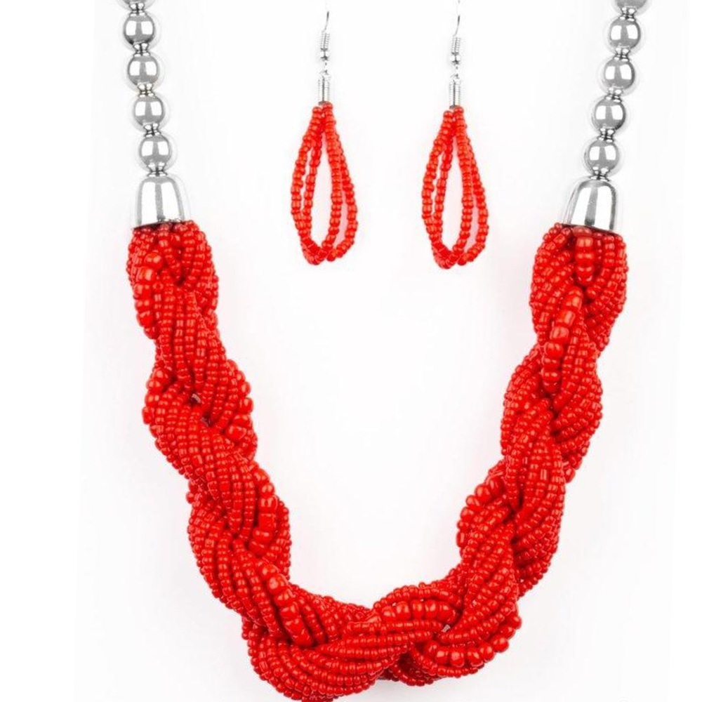 Red Beaded Necklace and Earring Set